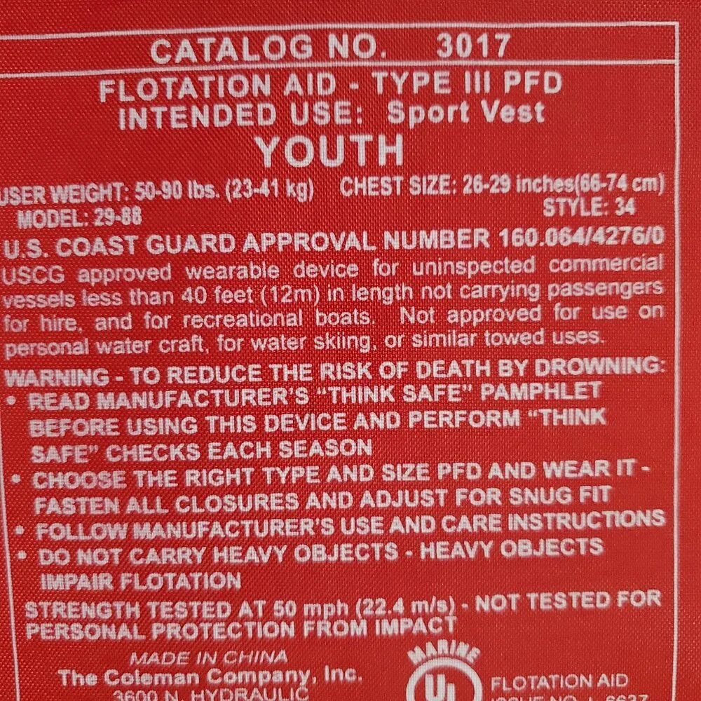 Stearns Kids Life Vest Red & White US Coast Guard Approved Youth Life Jacket